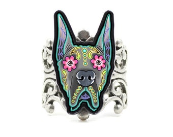 CLEARANCE - Great Dane - Cropped Ear Edition - Day of the Dead Sugar Skull Dog Adjustable Ring