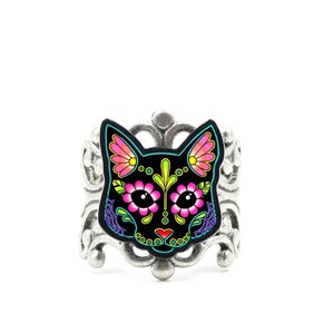 CLEARANCE Cat in Black Day of the Dead Sugar Skull Kitty Adjustable Ring image 1