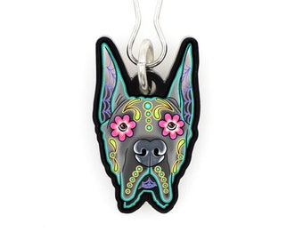 CLEARANCE - Great Dane - Cropped Ear Edition - Collar Charm / Key Chain / Zipper Pull - Day of the Dead Sugar Skull Dog