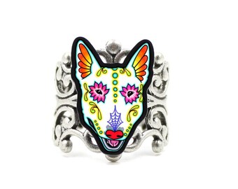 CLEARANCE - Bull Terrier - Day of the Dead Sugar Skull Dog Adjustable Ring