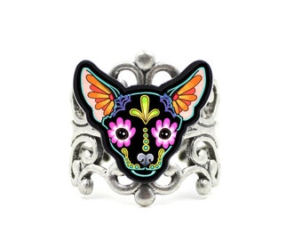 CLEARANCE - Chihuahua in Black Ring - Day of the Dead Sugar Skull Dog Adjustable Band