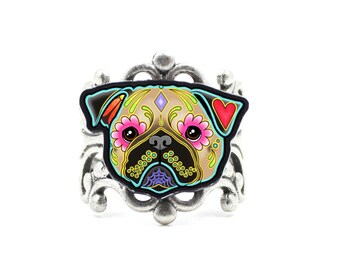 CLEARANCE - Pug in Fawn Ring - Day of the Dead Sugar Skull Dog Adjustable Ring