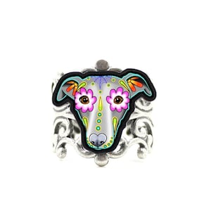 CLEARANCE Greyhound Whippet Day of the Dead Sugar Skull Dog Adjustable Ring image 1