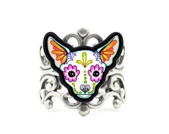 CLEARANCE - Chihuahua in White Ring - Day of the Dead Sugar Skull Dog Adjustable Band