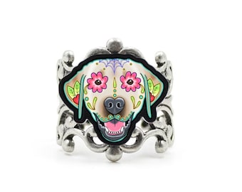 CLEARANCE - Labrador in Yellow Ring - Day of the Dead Sugar Skull Dog Adjustable Ring