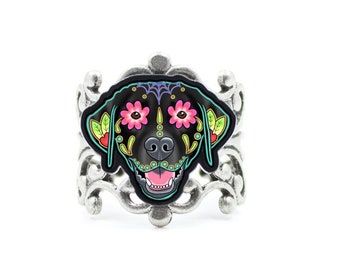 CLEARANCE - Labrador in Black Ring - Day of the Dead Sugar Skull Dog Adjustable Ring