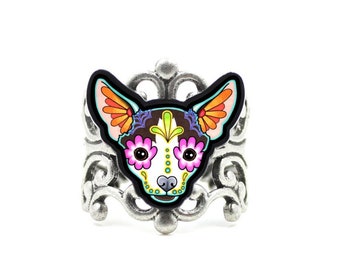 CLEARANCE - Chihuahua in Moo Ring - Brown and White Day of the Dead Sugar Skull Dog Adjustable Band