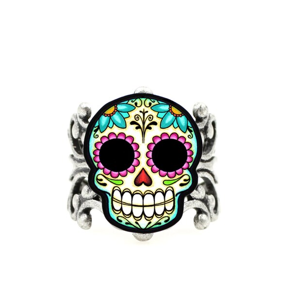 Sugar Skull and Daisies Dia de los Muertos Adjustable Silver Ring