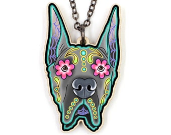 CLEARANCE - Great Dane Necklace - Cropped Ear Edition - Day of the Dead Sugar Skull Dog Pendant