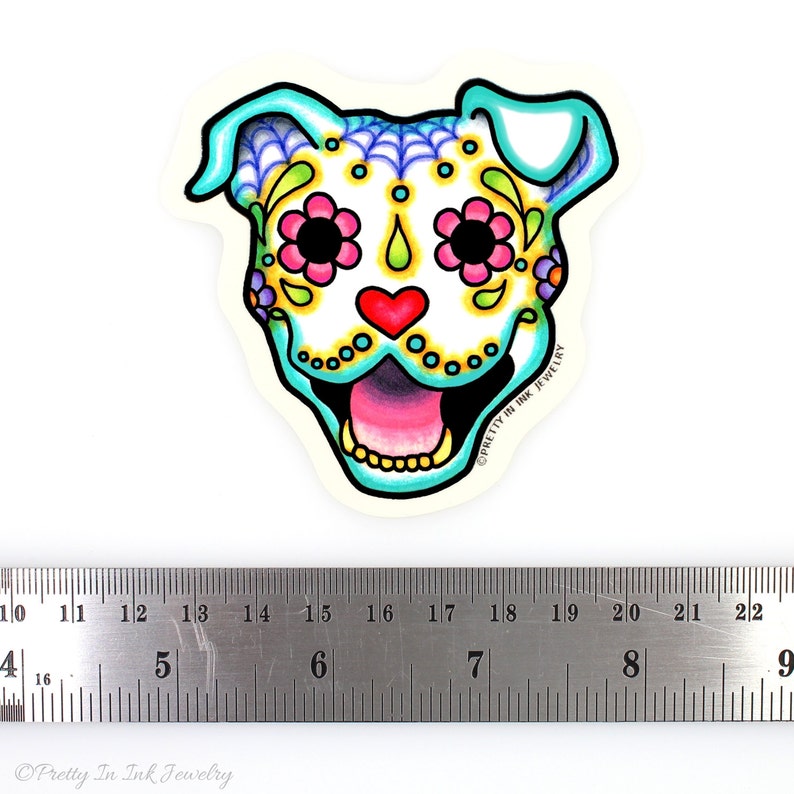 Smiling Pit Bull Sticker Day of Dead Happy Sugar Skull Dog Clear Vinyl Decal image 4