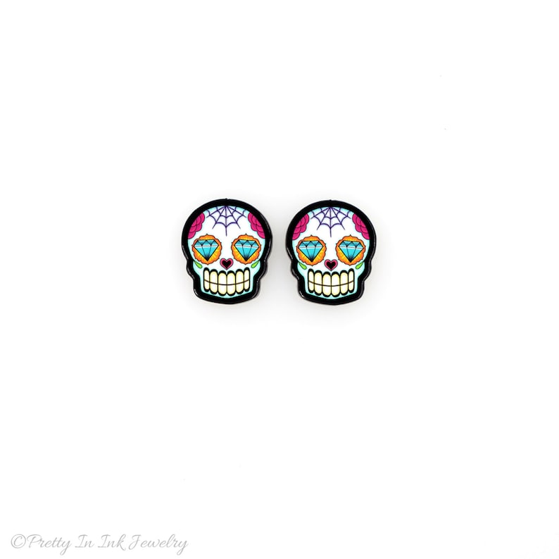 CLEARANCE Sugar Skulls with Diamond Eyes Dia de los Muertos Earrings image 1