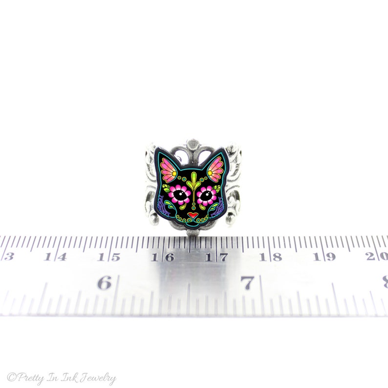 CLEARANCE Cat in Black Day of the Dead Sugar Skull Kitty Adjustable Ring image 4