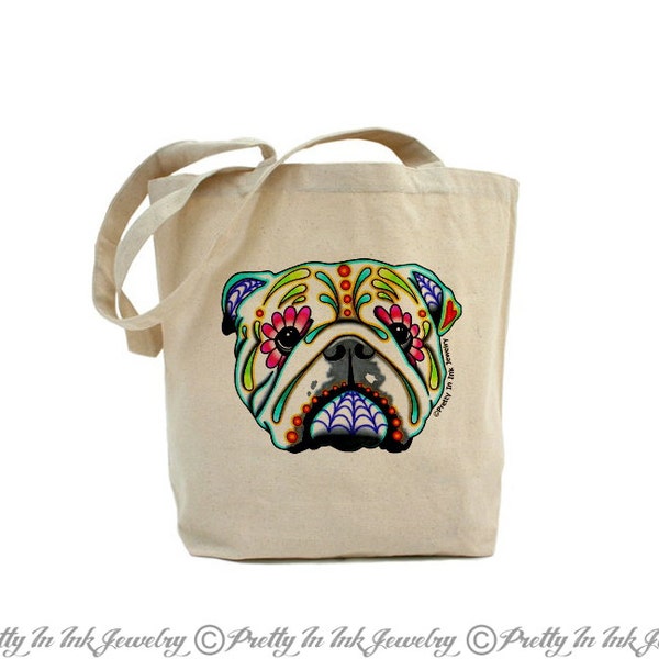 LAST ONE - English Bulldog - Day of the Dead Dog Sugar Skull Reusable Tote Bag