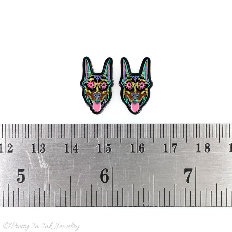 CLEARANCE Doberman Earrings Cropped Ear Edition Day of the Dead Sugar Skull Dog Earrings image 4