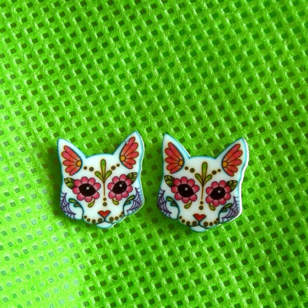 Day of the Dead Sugar Skull Kitty Cat Post Earrings