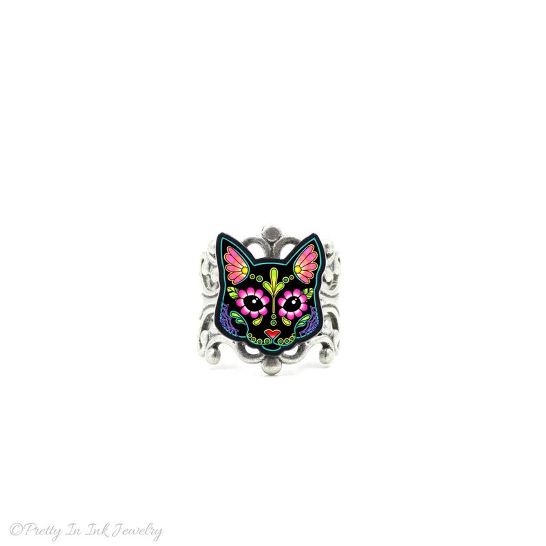 CLEARANCE Cat in Black Day of the Dead Sugar Skull Kitty Adjustable Ring image 1