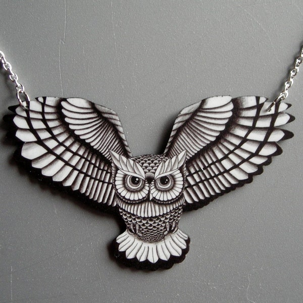 Swooping Owl in Black and White Necklace