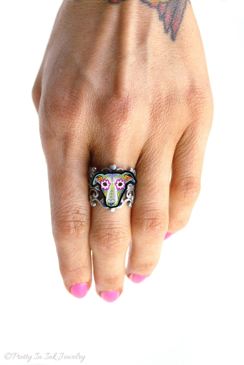 CLEARANCE Greyhound Whippet Day of the Dead Sugar Skull Dog Adjustable Ring image 3