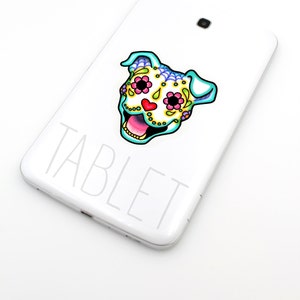 Smiling Pit Bull Sticker Day of Dead Happy Sugar Skull Dog Clear Vinyl Decal image 3