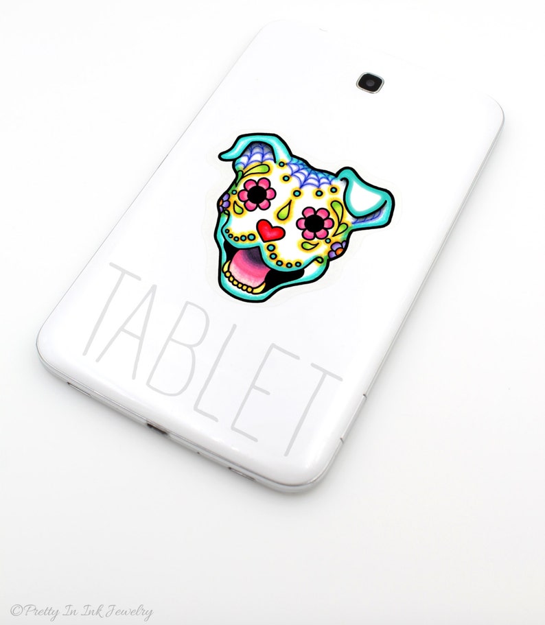 Smiling Pit Bull Sticker Day of Dead Happy Sugar Skull Dog Clear Vinyl Decal image 3