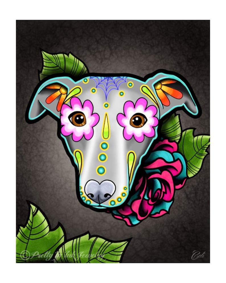 CLEARANCE Greyhound Whippet Day of the Dead Dog Sugar Skull Dog 8 x 10 Art Print image 1