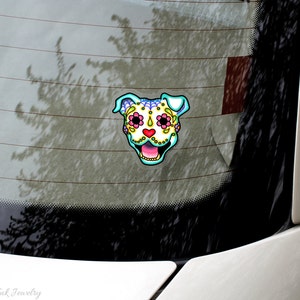 Smiling Pit Bull Sticker Day of Dead Happy Sugar Skull Dog Clear Vinyl Decal image 2