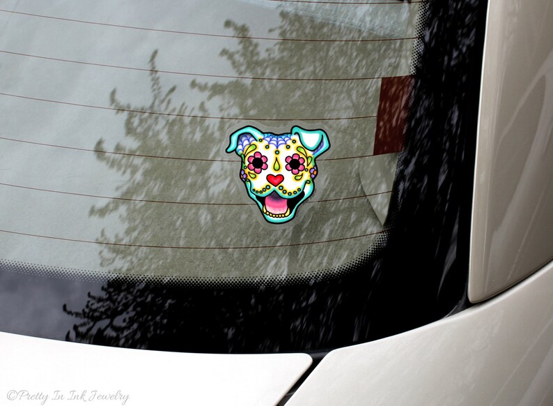 Smiling Pit Bull Sticker Day of Dead Happy Sugar Skull Dog Clear Vinyl Decal image 2