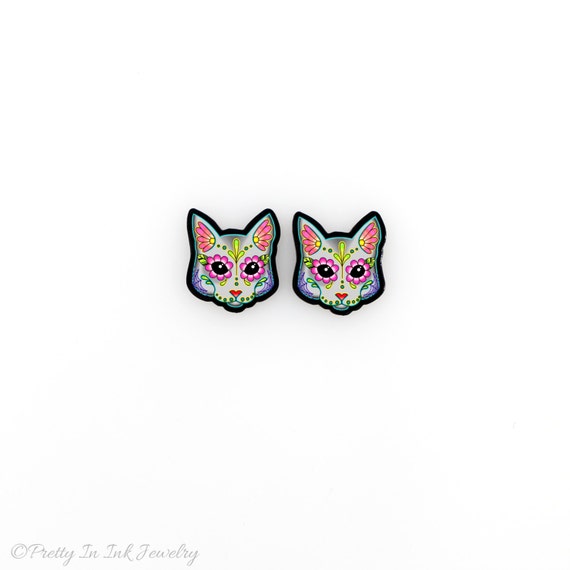 Day of the Dead Sugar Skull Kitty Cat Earrings Cats in Grey THE ORIGINAL