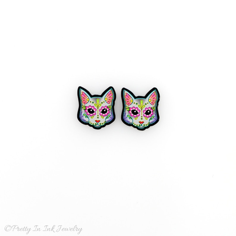 Day of the Dead Sugar Skull Kitty Cat Earrings Cats in Grey THE ORIGINAL