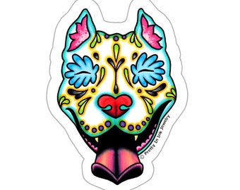 Slobbering Pit Bull Sticker - Day of the Dead Sugar Skull Pitbull - Clear Vinyl Dog Decal