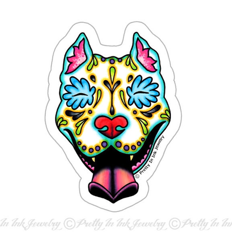 Slobbering Pit Bull Sticker Day of the Dead Sugar Skull Pitbull Clear Vinyl Dog Decal image 1