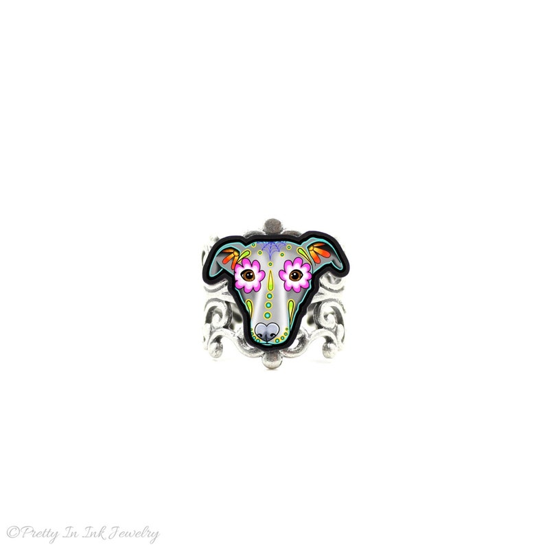 CLEARANCE Greyhound Whippet Day of the Dead Sugar Skull Dog Adjustable Ring image 1