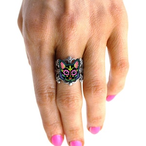 CLEARANCE Cat in Black Day of the Dead Sugar Skull Kitty Adjustable Ring image 3