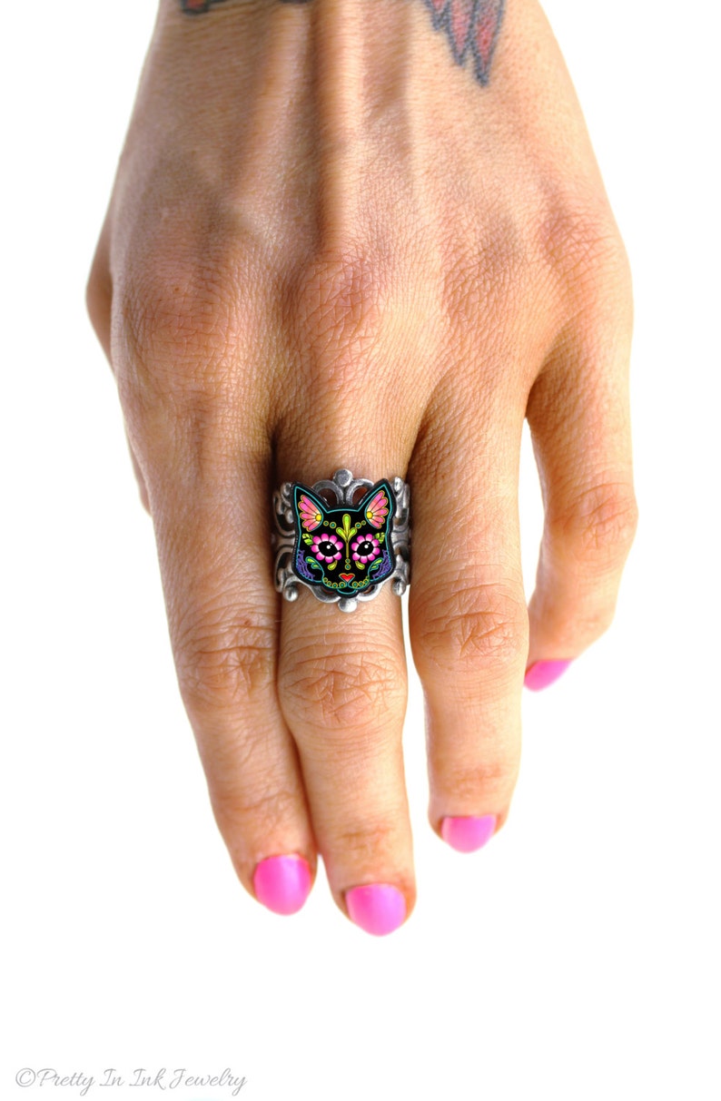 CLEARANCE Cat in Black Day of the Dead Sugar Skull Kitty Adjustable Ring image 3