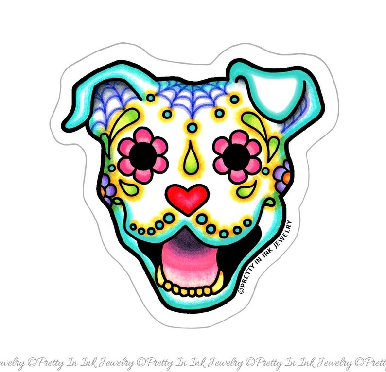 Smiling Pit Bull Sticker Day of Dead Happy Sugar Skull Dog Clear Vinyl Decal image 1