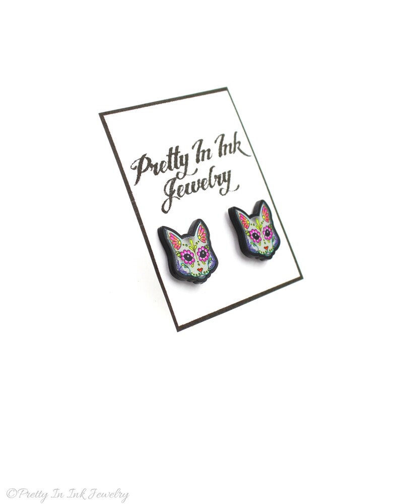 Day of the Dead Sugar Skull Kitty Cat Earrings Cats in Grey THE ORIGINAL