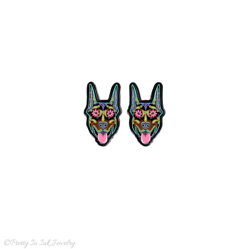 CLEARANCE Doberman Earrings Cropped Ear Edition Day of the Dead Sugar Skull Dog Earrings image 1