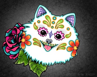 CLEARANCE - Pomeranian in White - Day of the Dead Sugar Skull Dog 8" x 10" Art Print