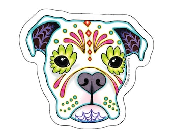 Boxer in White Sticker - Day of the Dead Sugar Skull Dog - Clear Vinyl Decal