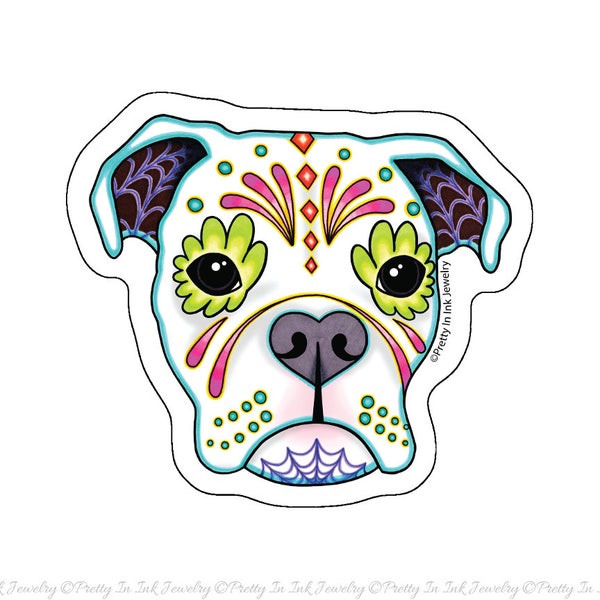 Boxer in White Sticker - Day of the Dead Sugar Skull Dog - Clear Vinyl Decal