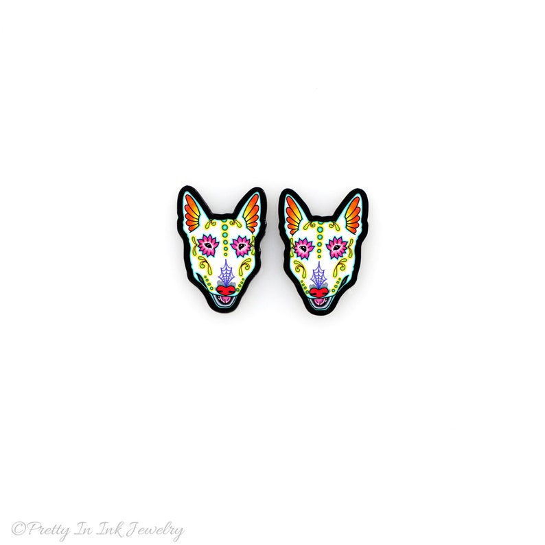 CLEARANCE Day of the Dead Bull Terrier Sugar Skull Dog Earrings image 1