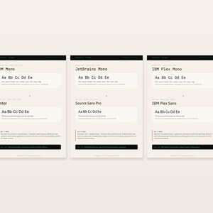 May include: A series of digital design layouts showcasing different font pairings. The first layout is black with the text "DM Mono" in green. Other layouts display font examples such as "Jetbrains Mono" and "IBM Plex Mono".
