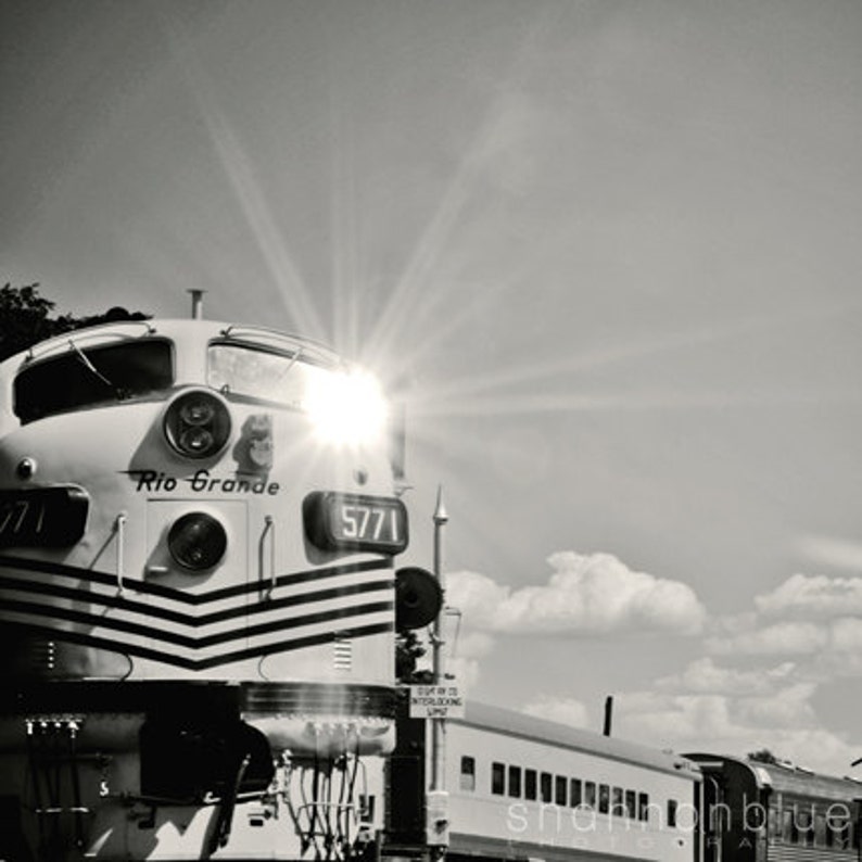 train photography / locomotive, travel, transportation, sun, gold, golden, yellow, blue, aquamarine / choo choo flare image 4