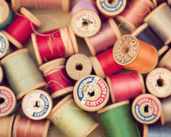 Vintage Spool Thread Photography / Sewing Notion, Wooden Spools, Sew,  Orange, Mint Green, Red / Vintage Spools / 8x10 Fine Art Photograph 