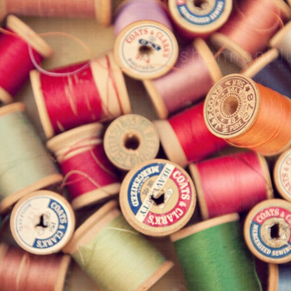 vintage spool thread photography / sewing notion, wooden spools, sew, orange, mint green, red / vintage spools / 8x10 fine art photograph