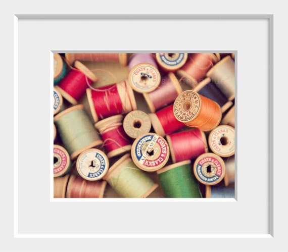 Vintage Spool Thread Photography / Sewing Notion, Wooden Spools, Sew,  Orange, Mint Green, Red / Vintage Spools / 8x10 Fine Art Photograph 