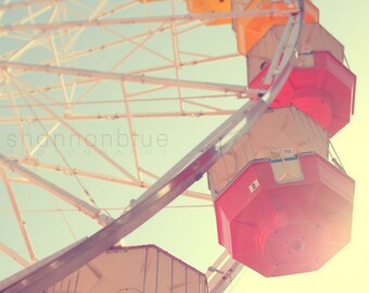 ferris wheel carnival photography / carnival ride, sunlight, amusement park photography, red, yellow, fun / 8x10 photograph