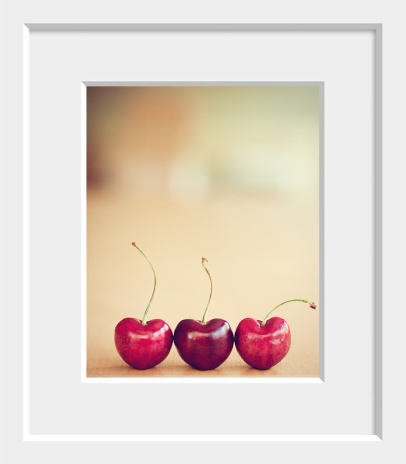 cherries still life food photography / valentines day, kitchen decor, heart, cherry, three, trio, red, minimalist / hearts / 8x10 fine art image 2