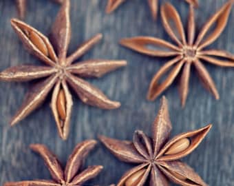 food photography, star anise, spice, kitchen decor, snowflake, brown, gray, grey, wood, wooden, earth tones / star anise / 8x10