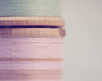 vintage spool thread photography / sewing notion, wooden spools, blush pink, mint green / sew / 8x8 fine art photograph
